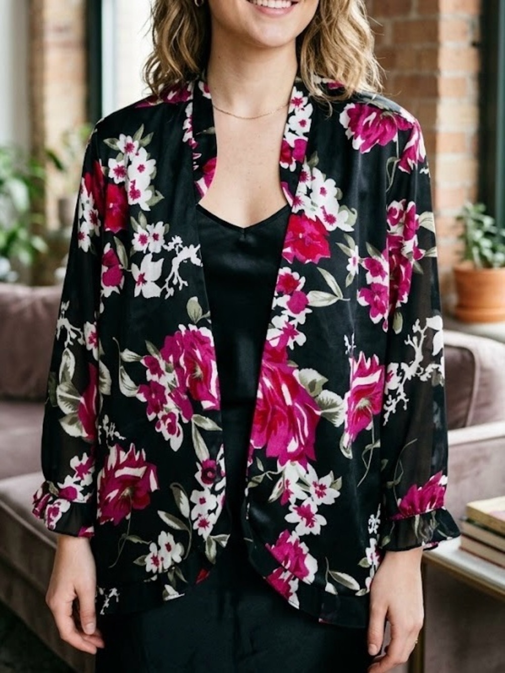 Tradition Floral Satin Open Front Blazer Kimono Ruffle Bell Sleeves Boho Chic